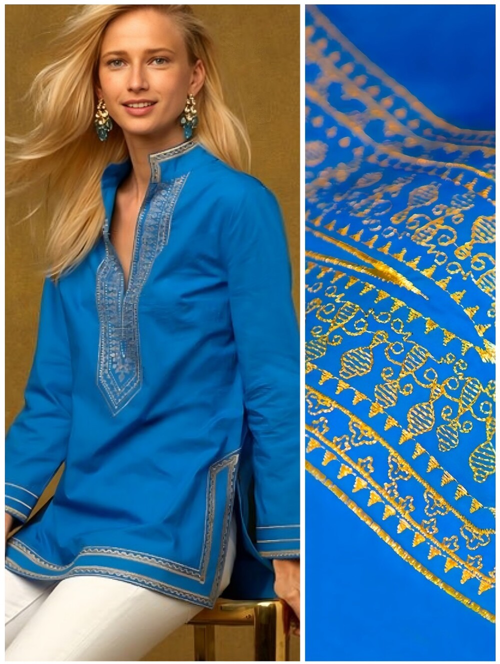 NWT Nicoblu Bright Blue Gold Embroidered Top, M
